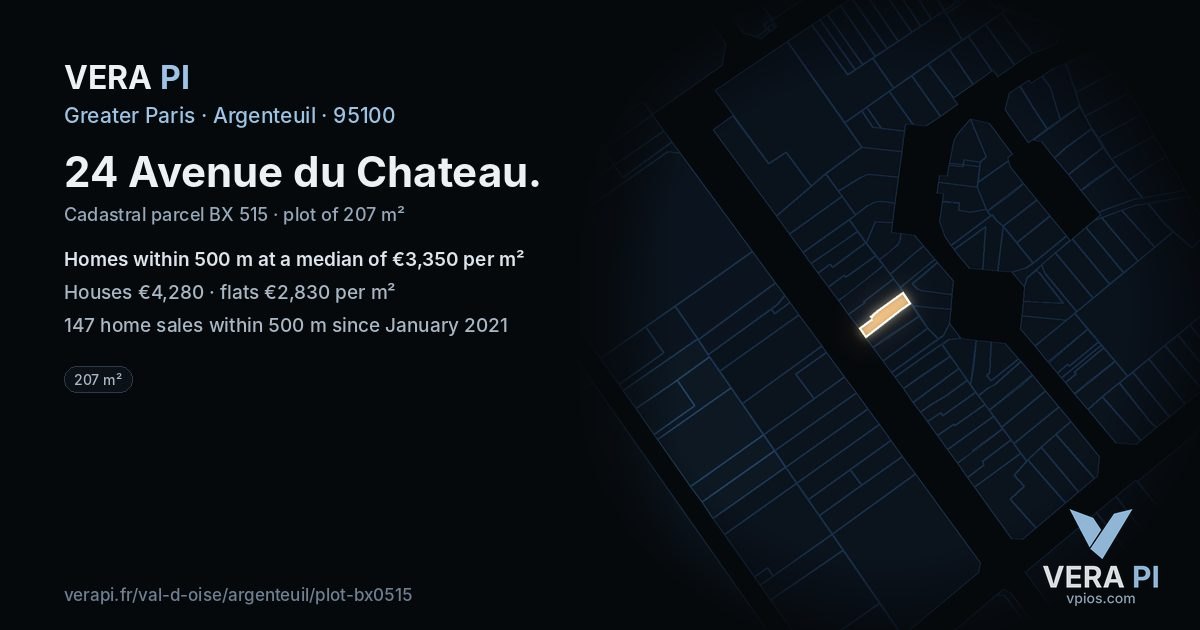24 Avenue du Chateau, Argenteuil at night – the plot lit, the parcels around coloured by the prices near them