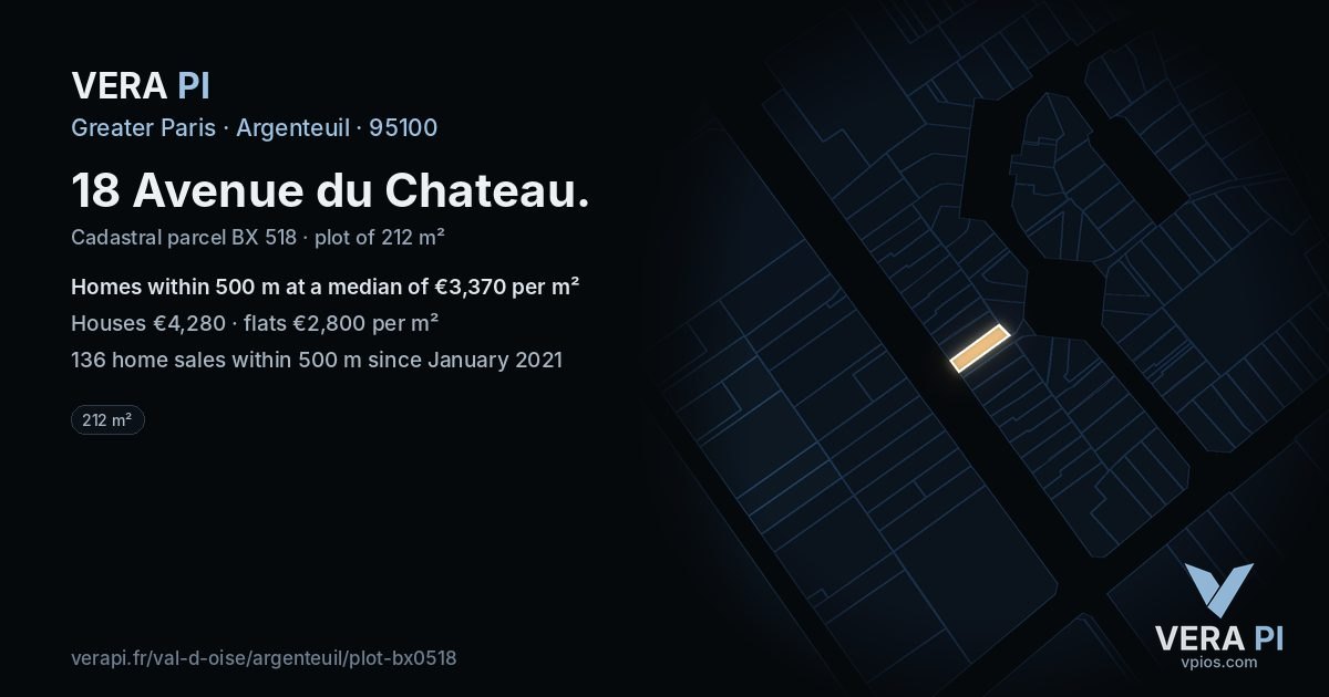 18 Avenue du Chateau, Argenteuil at night – the plot lit, the parcels around coloured by the prices near them