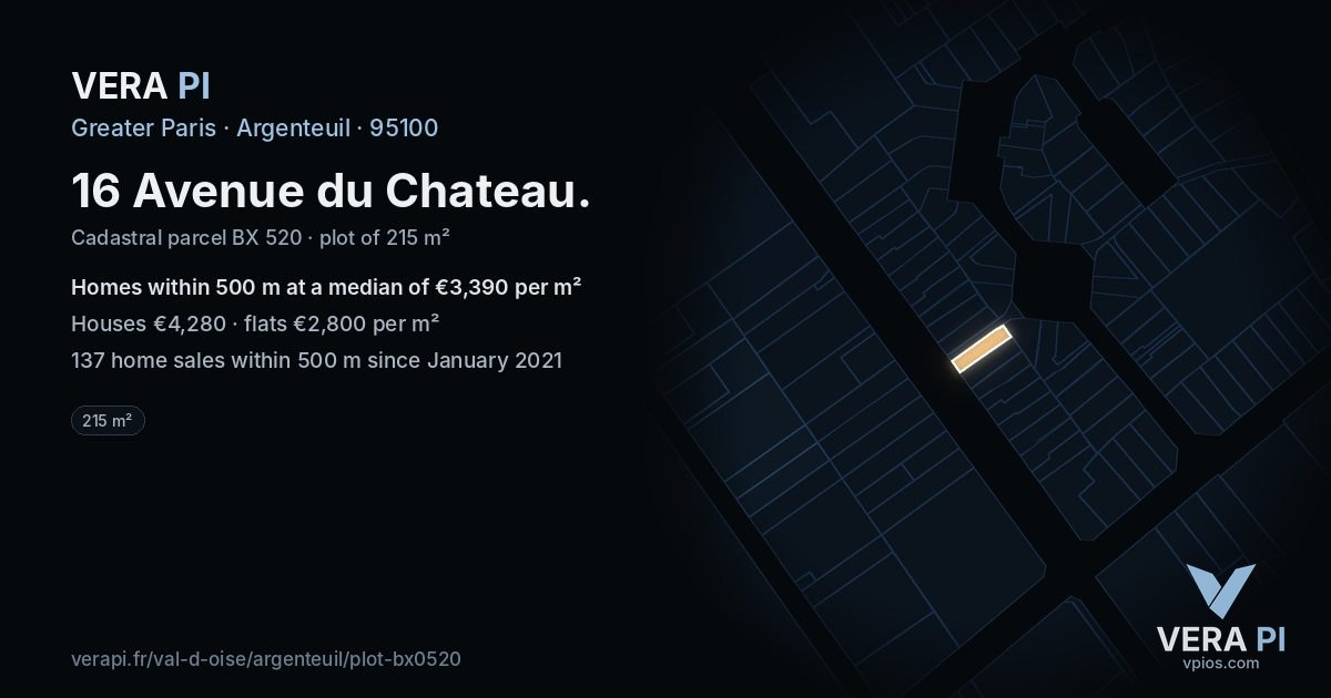 16 Avenue du Chateau, Argenteuil at night – the plot lit, the parcels around coloured by the prices near them