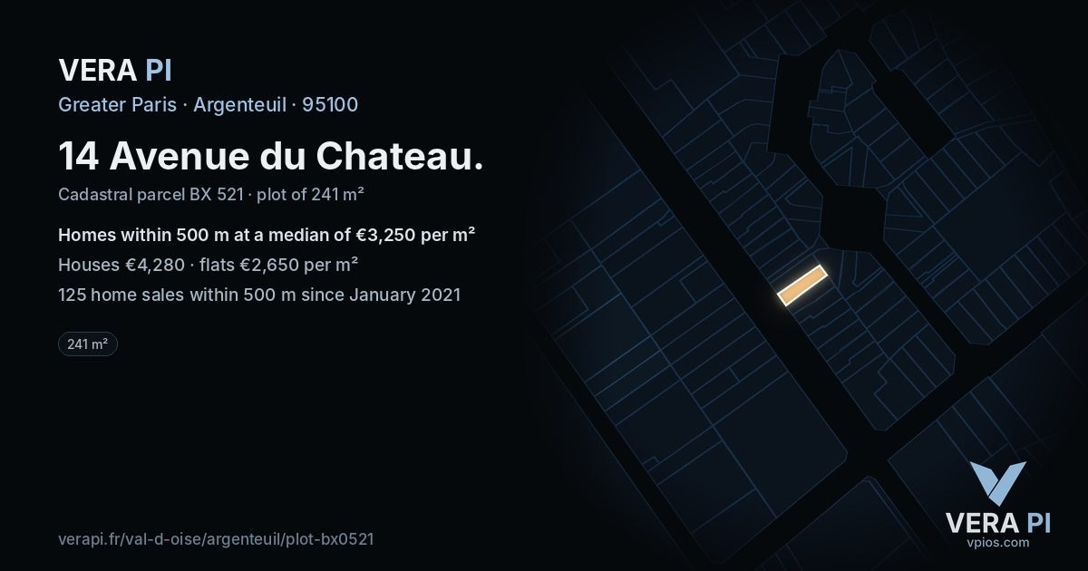 14 Avenue du Chateau, Argenteuil at night – the plot lit, the parcels around coloured by the prices near them