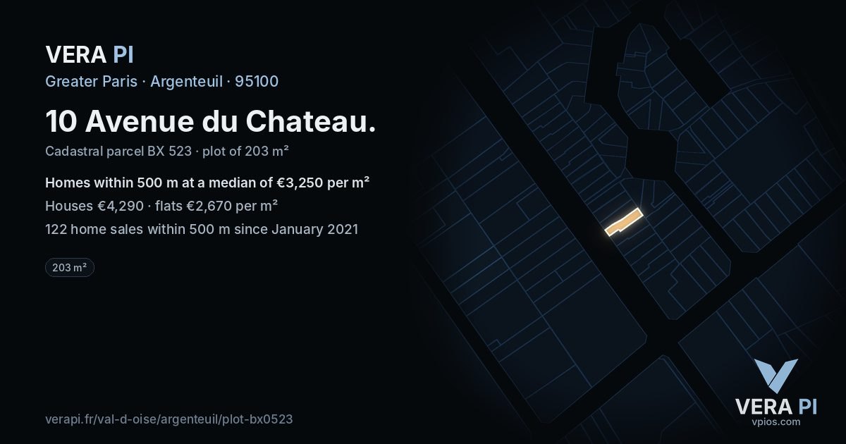 10 Avenue du Chateau, Argenteuil at night – the plot lit, the parcels around coloured by the prices near them