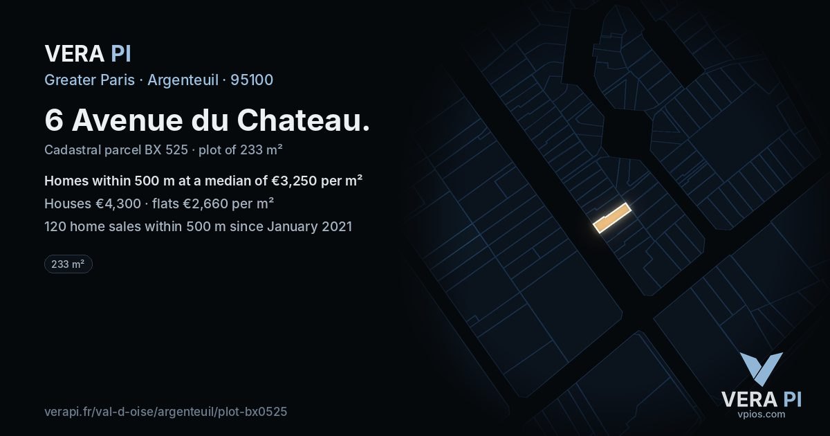 6 Avenue du Chateau, Argenteuil at night – the plot lit, the parcels around coloured by the prices near them
