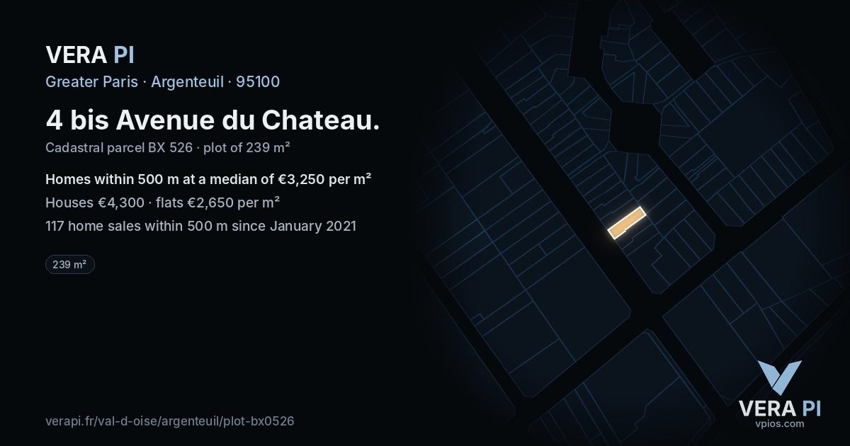 4 bis Avenue du Chateau, Argenteuil at night – the plot lit, the parcels around coloured by the prices near them