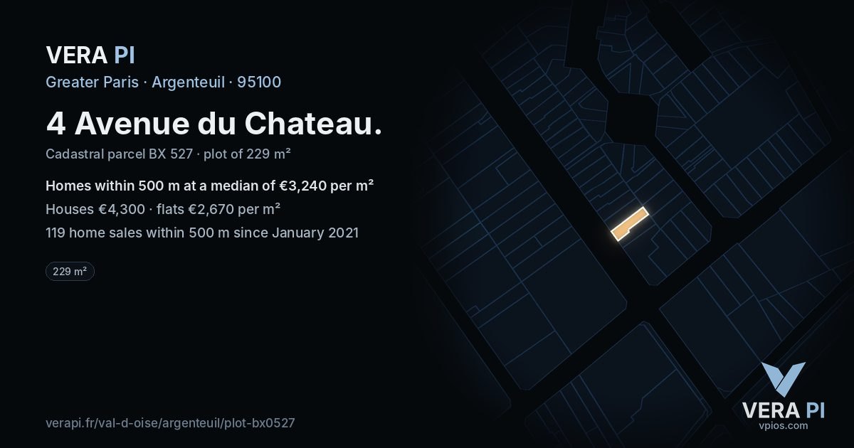 4 Avenue du Chateau, Argenteuil at night – the plot lit, the parcels around coloured by the prices near them