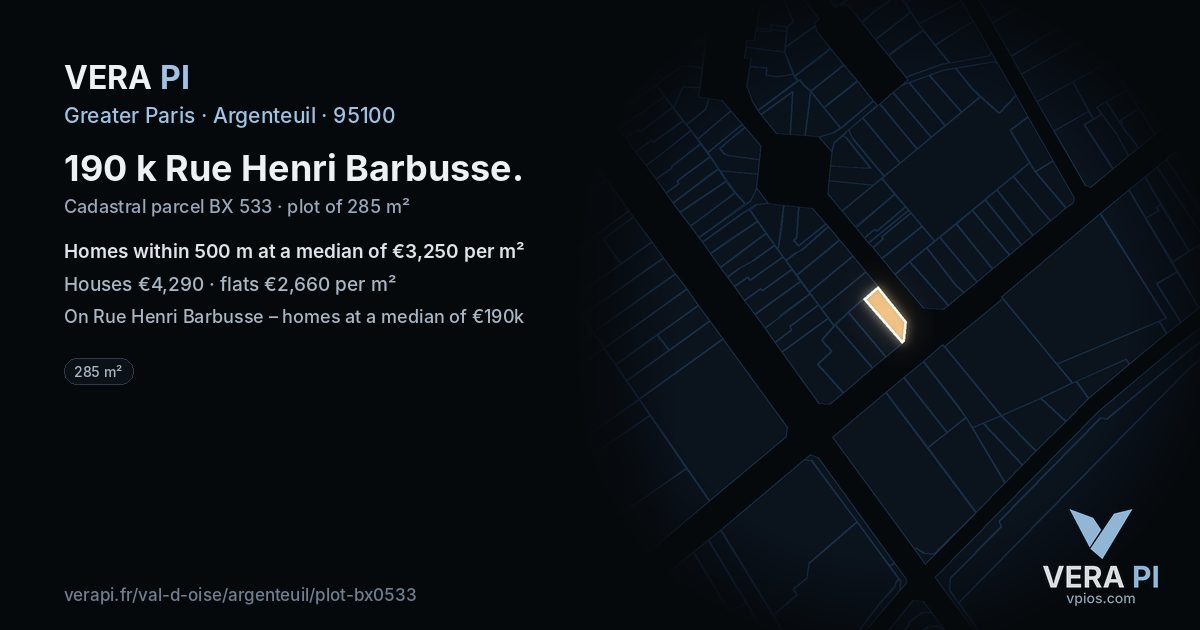 190 k Rue Henri Barbusse, Argenteuil at night – the plot lit, the parcels around coloured by the prices near them