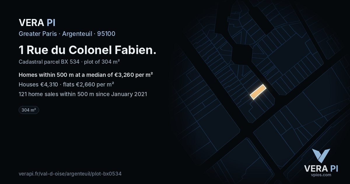1 Rue du Colonel Fabien, Argenteuil at night – the plot lit, the parcels around coloured by the prices near them