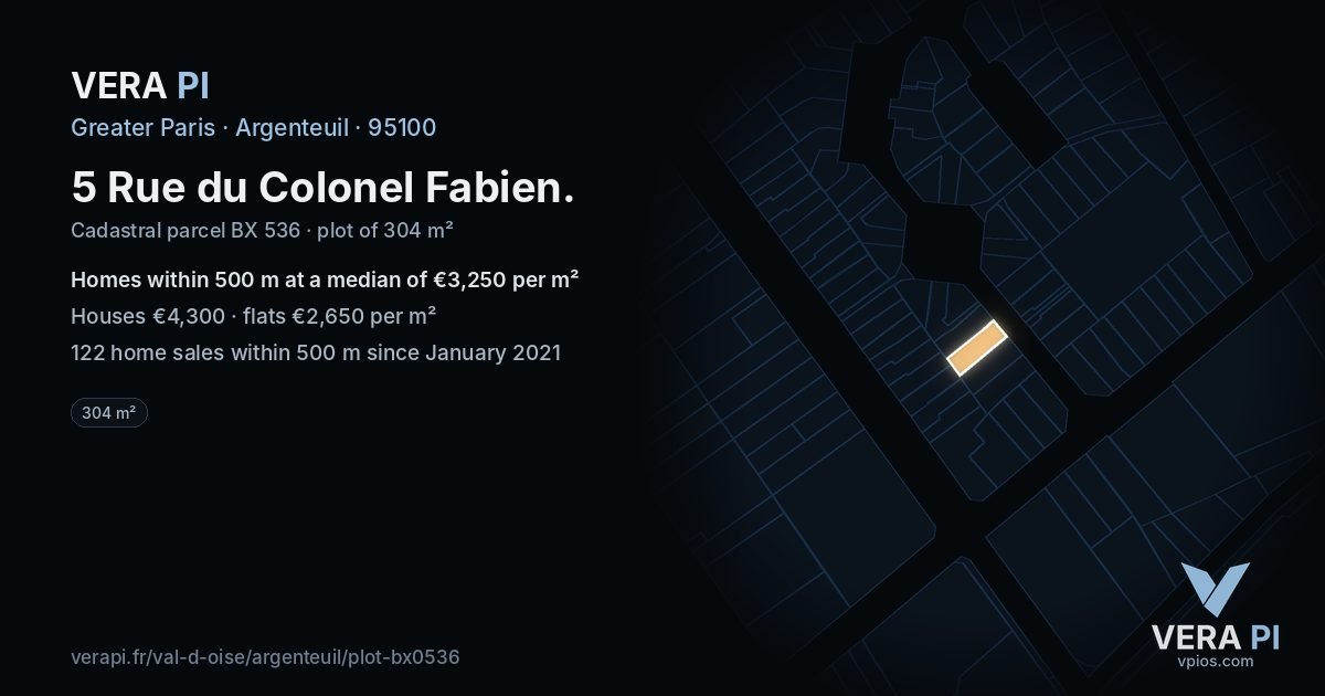5 Rue du Colonel Fabien, Argenteuil at night – the plot lit, the parcels around coloured by the prices near them