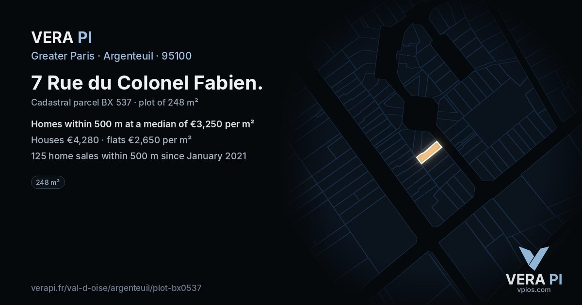 7 Rue du Colonel Fabien, Argenteuil at night – the plot lit, the parcels around coloured by the prices near them