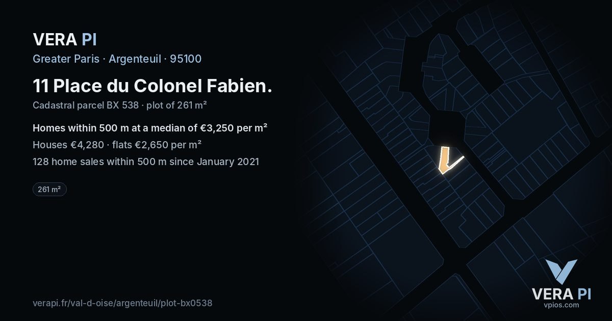 11 Place du Colonel Fabien, Argenteuil at night – the plot lit, the parcels around coloured by the prices near them