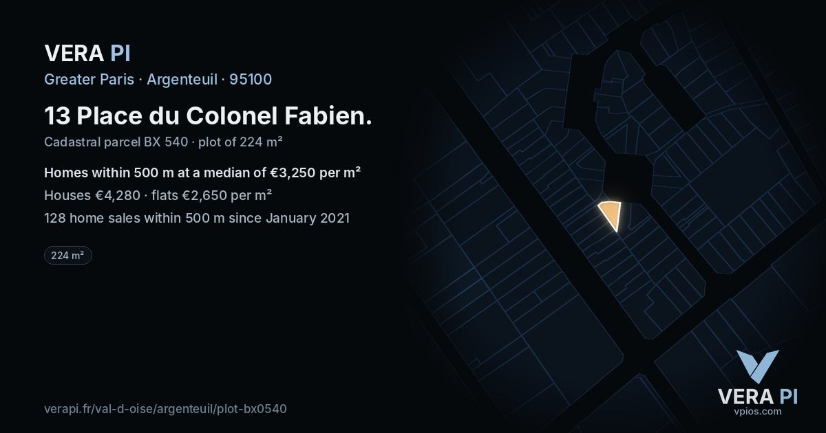 13 Place du Colonel Fabien, Argenteuil at night – the plot lit, the parcels around coloured by the prices near them
