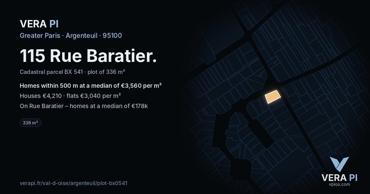 115 Rue Baratier, Argenteuil at night – the plot lit, the parcels around coloured by the prices near them