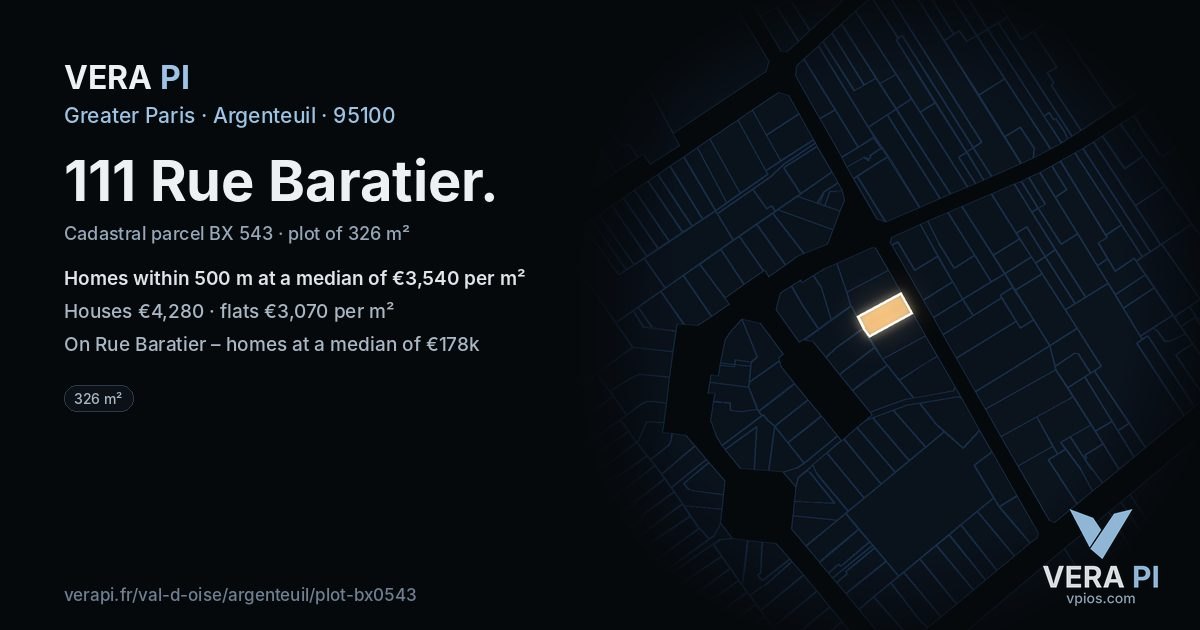 111 Rue Baratier, Argenteuil at night – the plot lit, the parcels around coloured by the prices near them