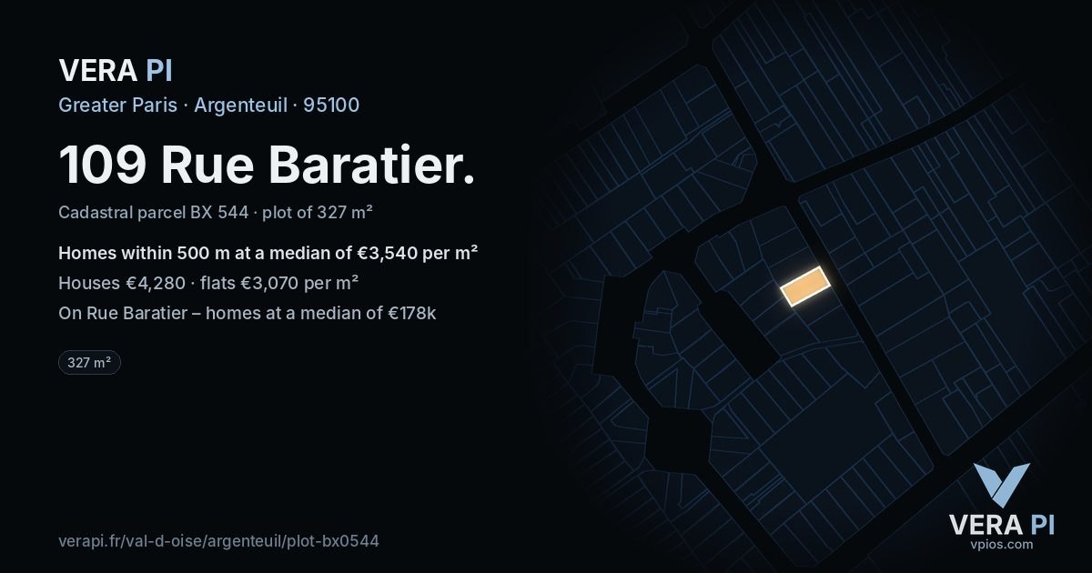 109 Rue Baratier, Argenteuil at night – the plot lit, the parcels around coloured by the prices near them