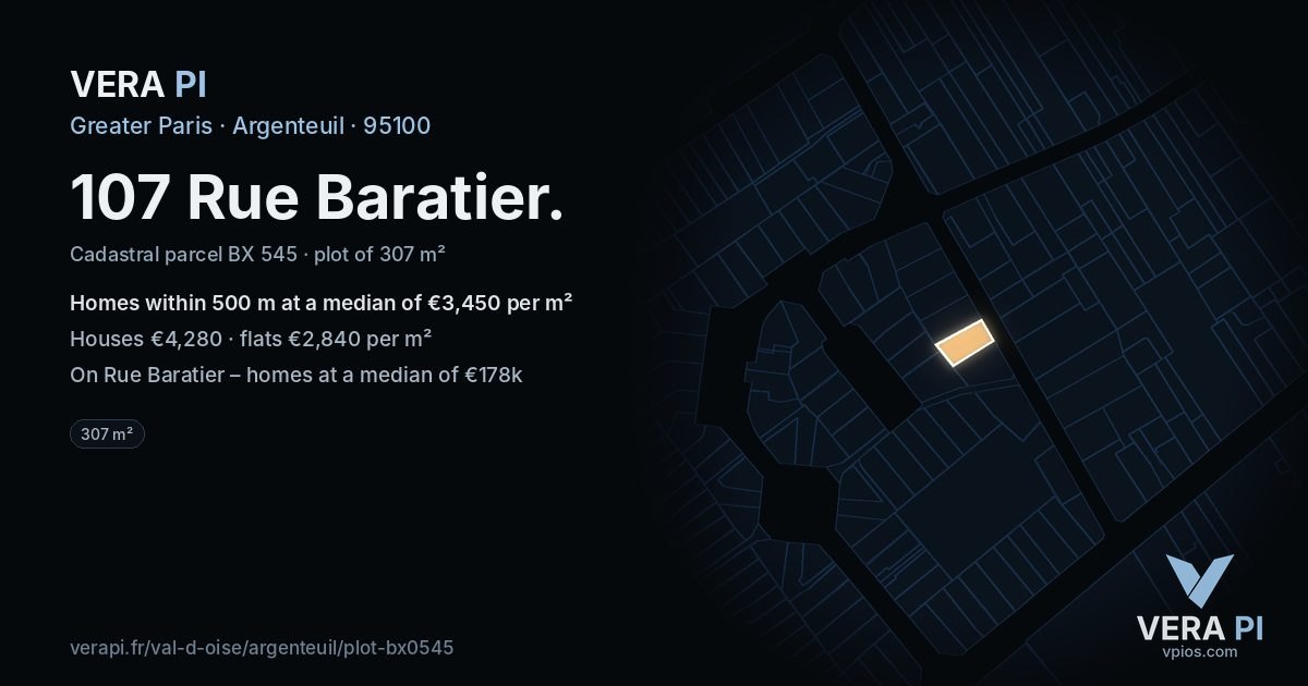 107 Rue Baratier, Argenteuil at night – the plot lit, the parcels around coloured by the prices near them