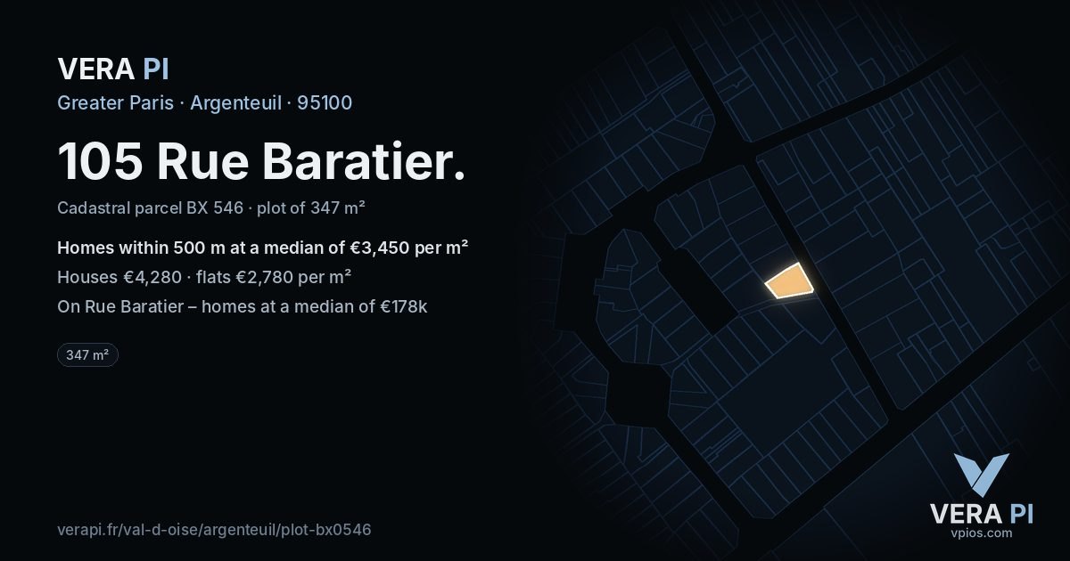 105 Rue Baratier, Argenteuil at night – the plot lit, the parcels around coloured by the prices near them