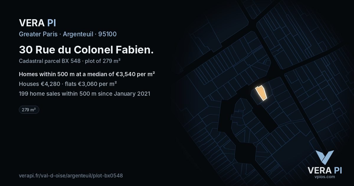 30 Rue du Colonel Fabien, Argenteuil at night – the plot lit, the parcels around coloured by the prices near them