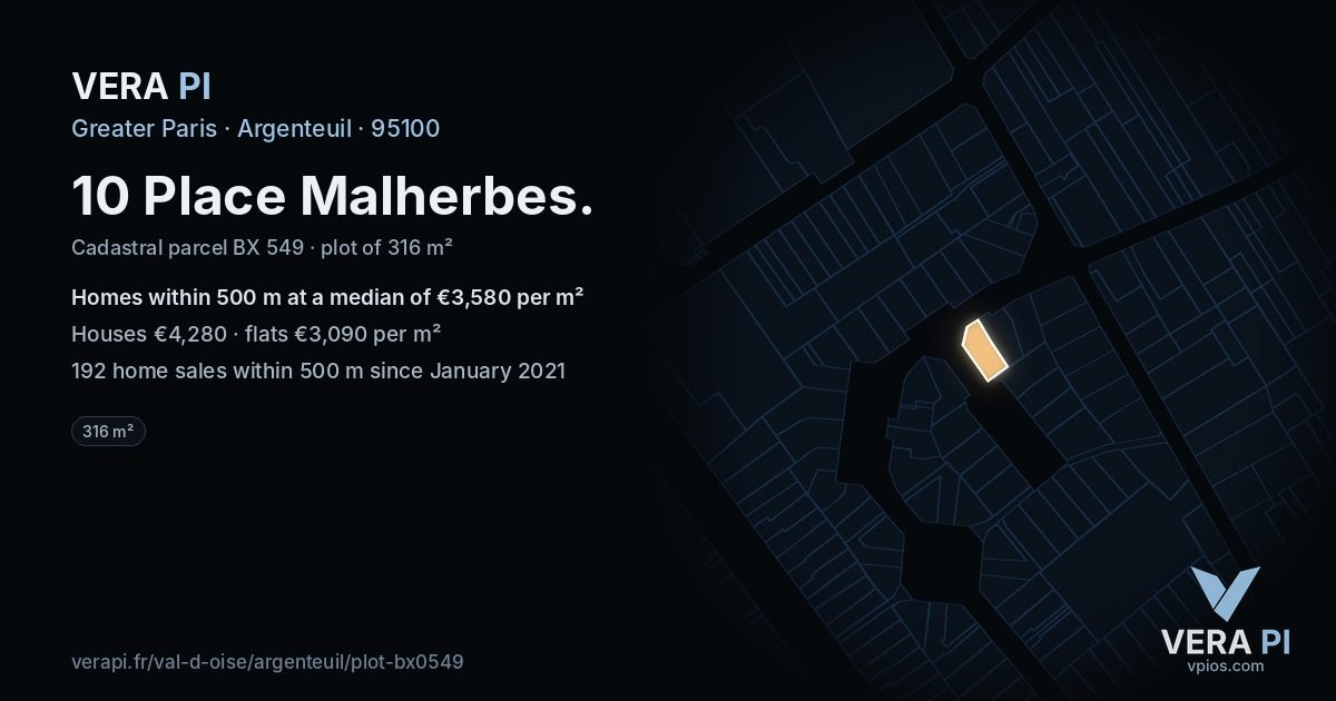 10 Place Malherbes, Argenteuil at night – the plot lit, the parcels around coloured by the prices near them