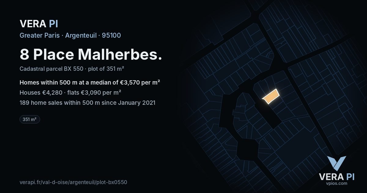 8 Place Malherbes, Argenteuil at night – the plot lit, the parcels around coloured by the prices near them