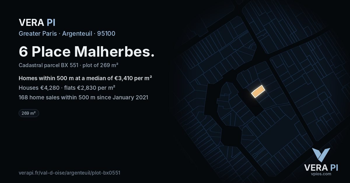 6 Place Malherbes, Argenteuil at night – the plot lit, the parcels around coloured by the prices near them