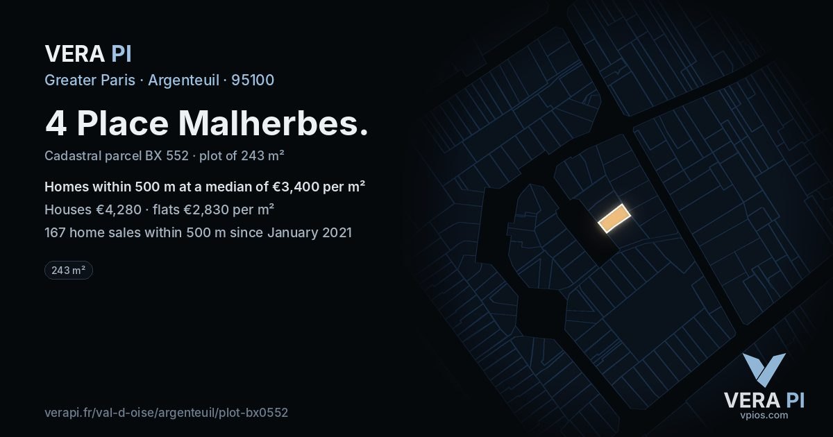 4 Place Malherbes, Argenteuil at night – the plot lit, the parcels around coloured by the prices near them
