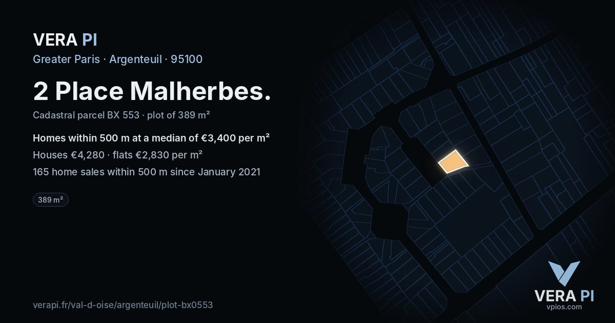 2 Place Malherbes, Argenteuil at night – the plot lit, the parcels around coloured by the prices near them