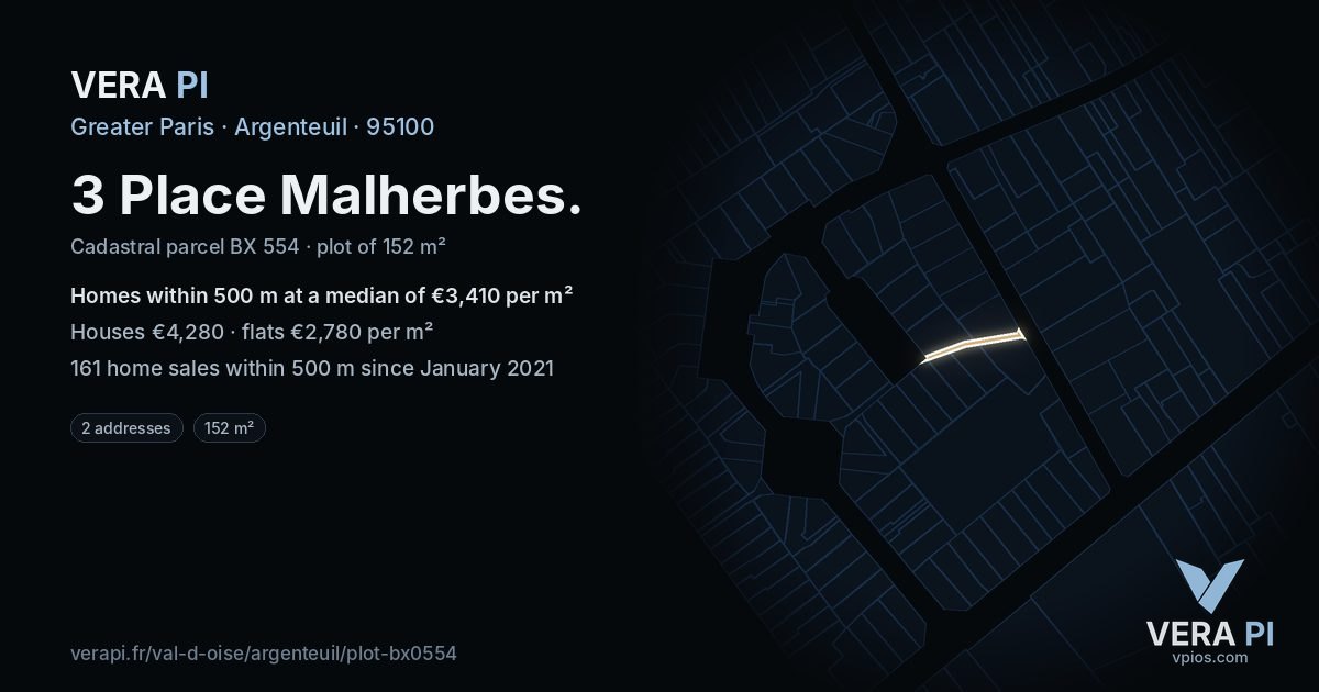 3 Place Malherbes, Argenteuil at night – the plot lit, the parcels around coloured by the prices near them