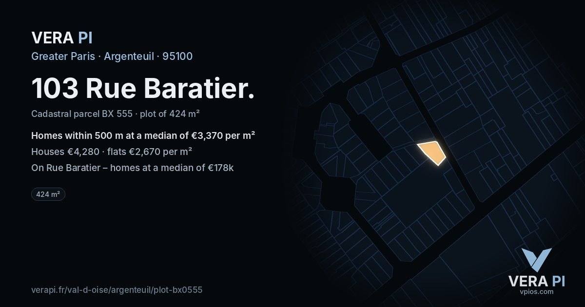 103 Rue Baratier, Argenteuil at night – the plot lit, the parcels around coloured by the prices near them