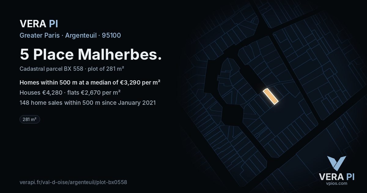 5 Place Malherbes, Argenteuil at night – the plot lit, the parcels around coloured by the prices near them