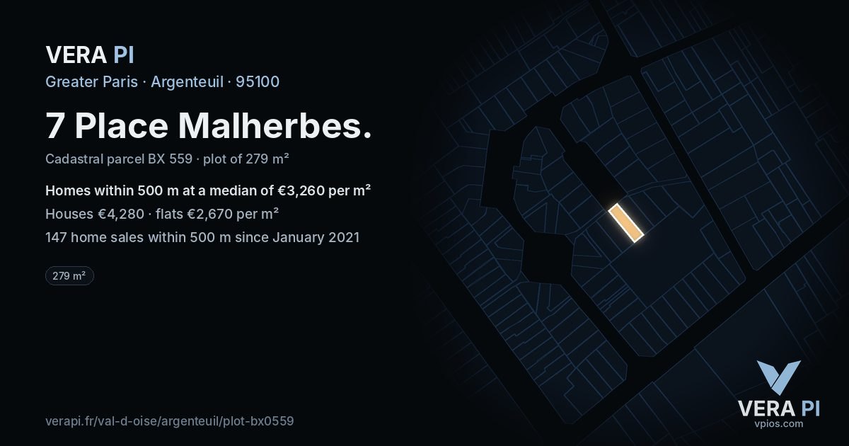 7 Place Malherbes, Argenteuil at night – the plot lit, the parcels around coloured by the prices near them