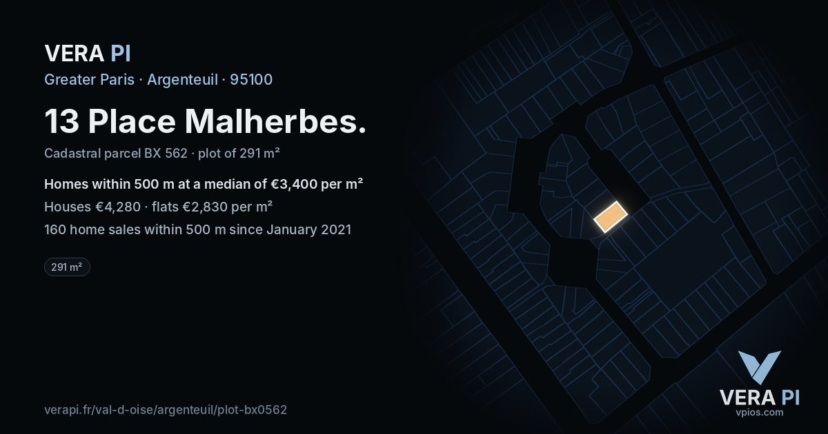 13 Place Malherbes, Argenteuil at night – the plot lit, the parcels around coloured by the prices near them