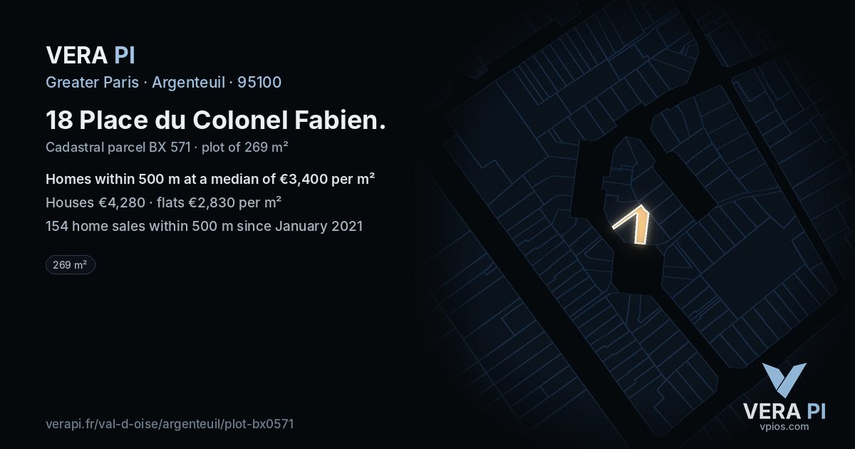 18 Place du Colonel Fabien, Argenteuil at night – the plot lit, the parcels around coloured by the prices near them