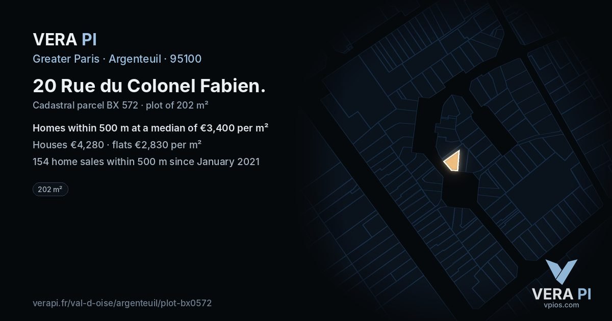20 Rue du Colonel Fabien, Argenteuil at night – the plot lit, the parcels around coloured by the prices near them