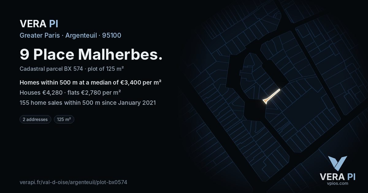 9 Place Malherbes, Argenteuil at night – the plot lit, the parcels around coloured by the prices near them