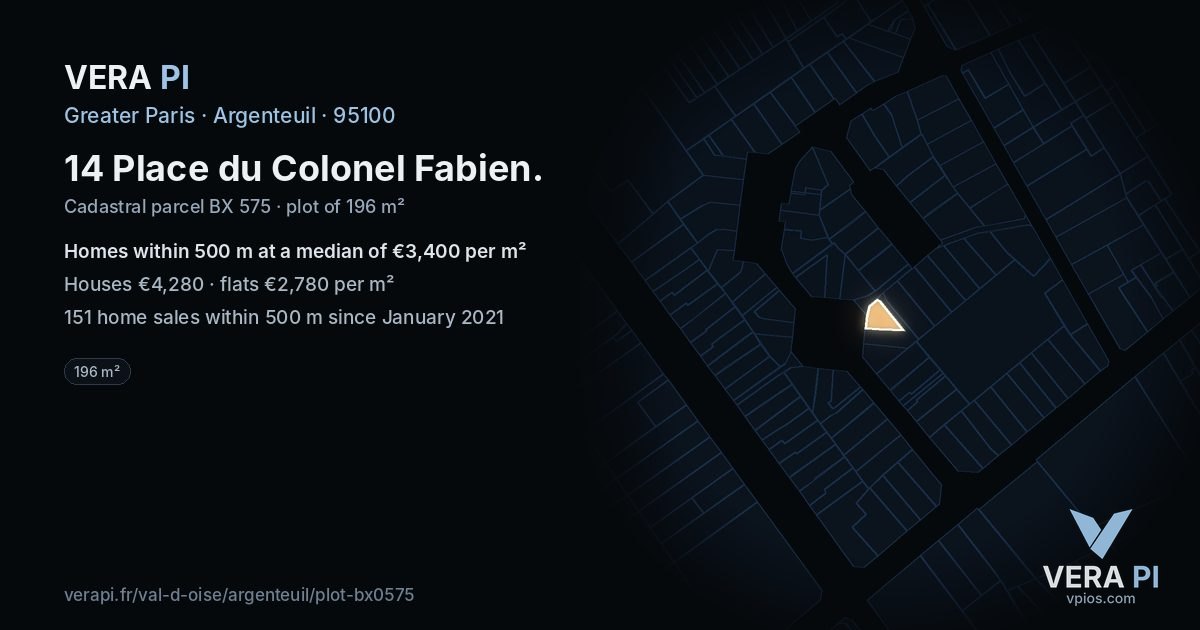 14 Place du Colonel Fabien, Argenteuil at night – the plot lit, the parcels around coloured by the prices near them