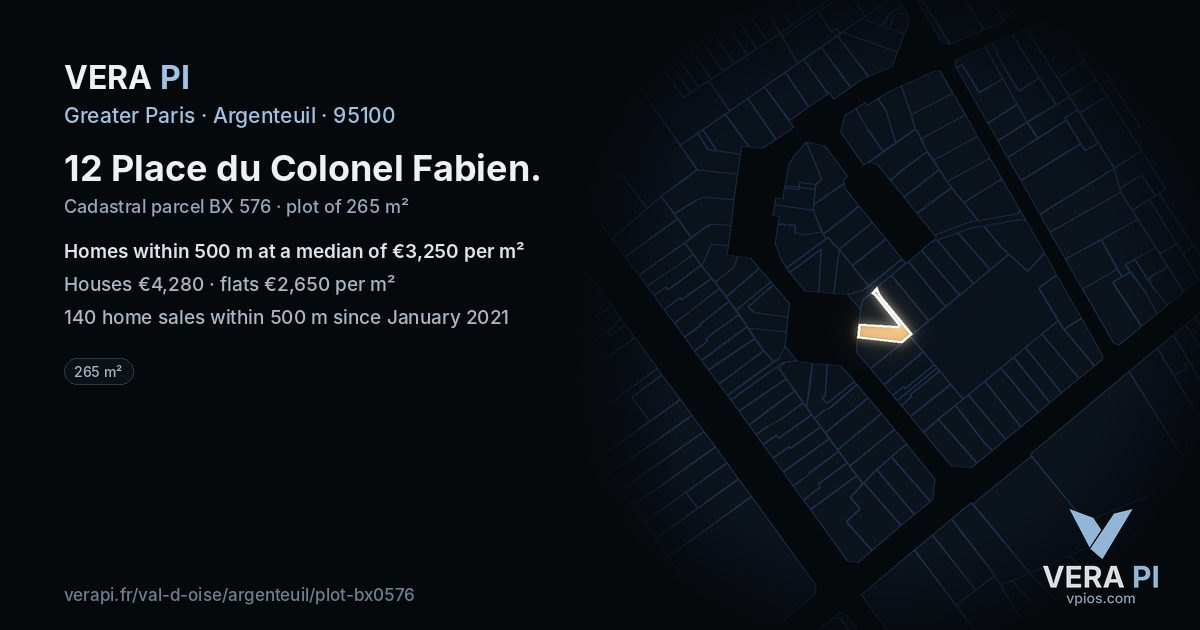 12 Place du Colonel Fabien, Argenteuil at night – the plot lit, the parcels around coloured by the prices near them