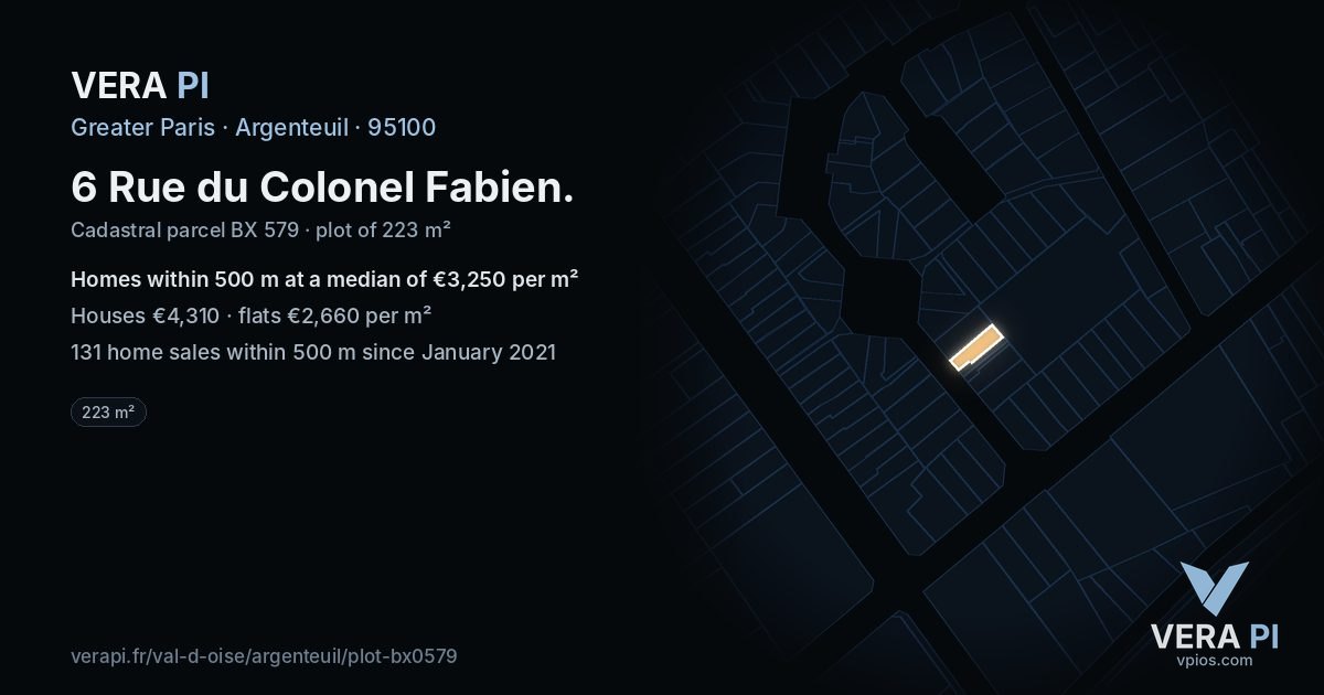 6 Rue du Colonel Fabien, Argenteuil at night – the plot lit, the parcels around coloured by the prices near them
