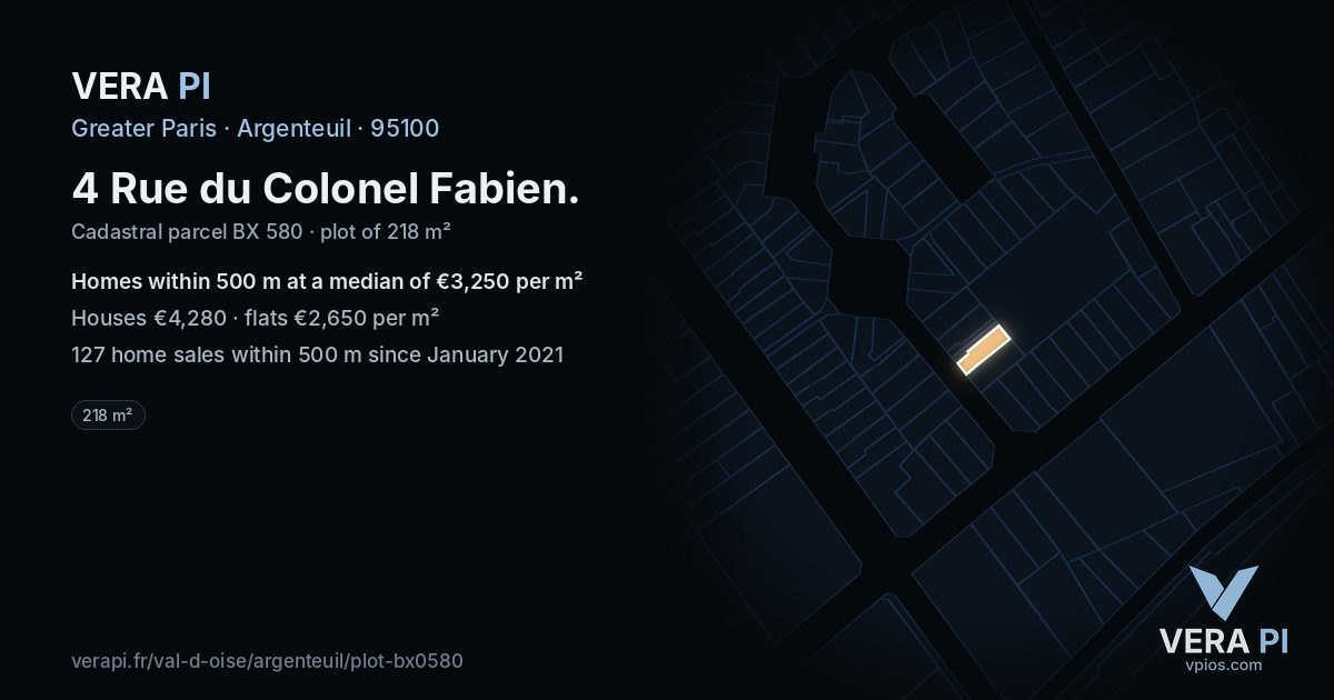 4 Rue du Colonel Fabien, Argenteuil at night – the plot lit, the parcels around coloured by the prices near them