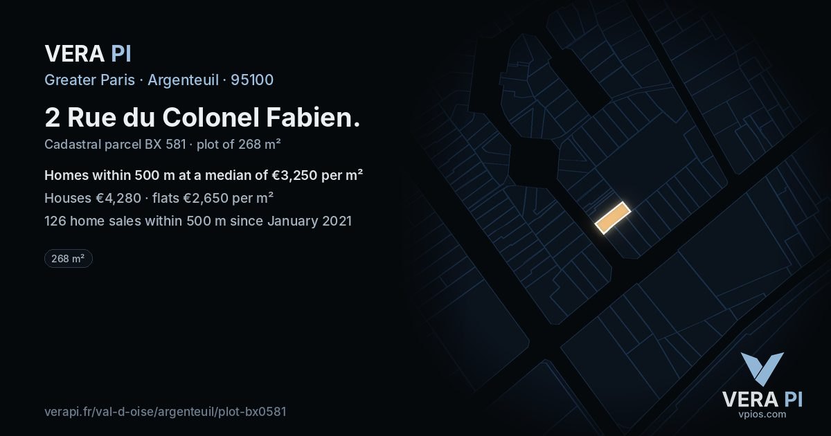 2 Rue du Colonel Fabien, Argenteuil at night – the plot lit, the parcels around coloured by the prices near them