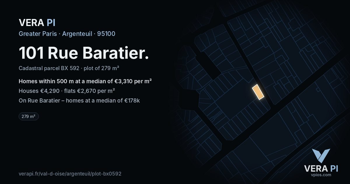 101 Rue Baratier, Argenteuil at night – the plot lit, the parcels around coloured by the prices near them