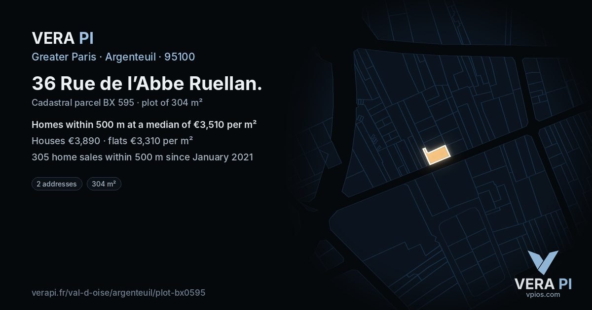 36 Rue de l’Abbe Ruellan, Argenteuil at night – the plot lit, the parcels around coloured by the prices near them