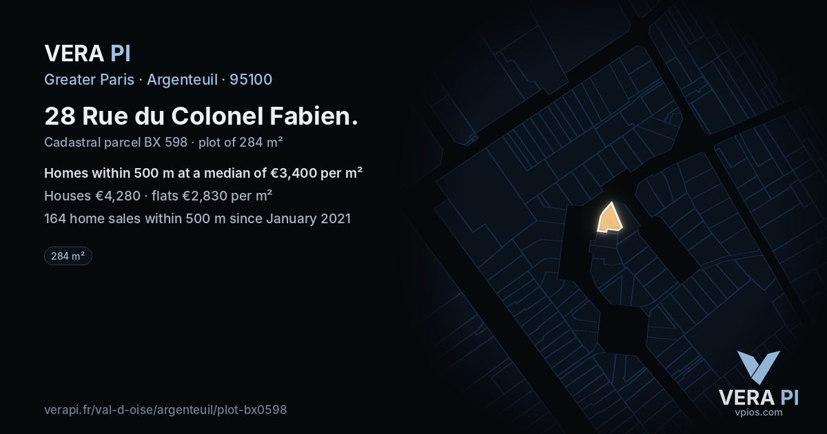 28 Rue du Colonel Fabien, Argenteuil at night – the plot lit, the parcels around coloured by the prices near them