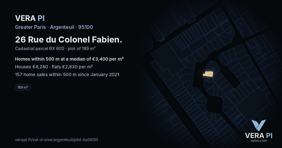 26 Rue du Colonel Fabien, Argenteuil at night – the plot lit, the parcels around coloured by the prices near them