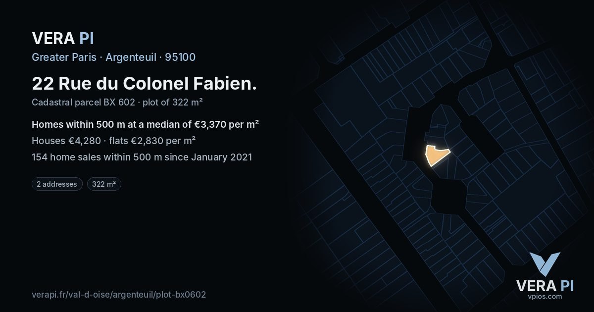 22 Rue du Colonel Fabien, Argenteuil at night – the plot lit, the parcels around coloured by the prices near them