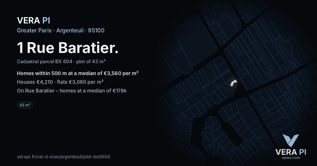 1 Rue Baratier, Argenteuil at night – the plot lit, the parcels around coloured by the prices near them
