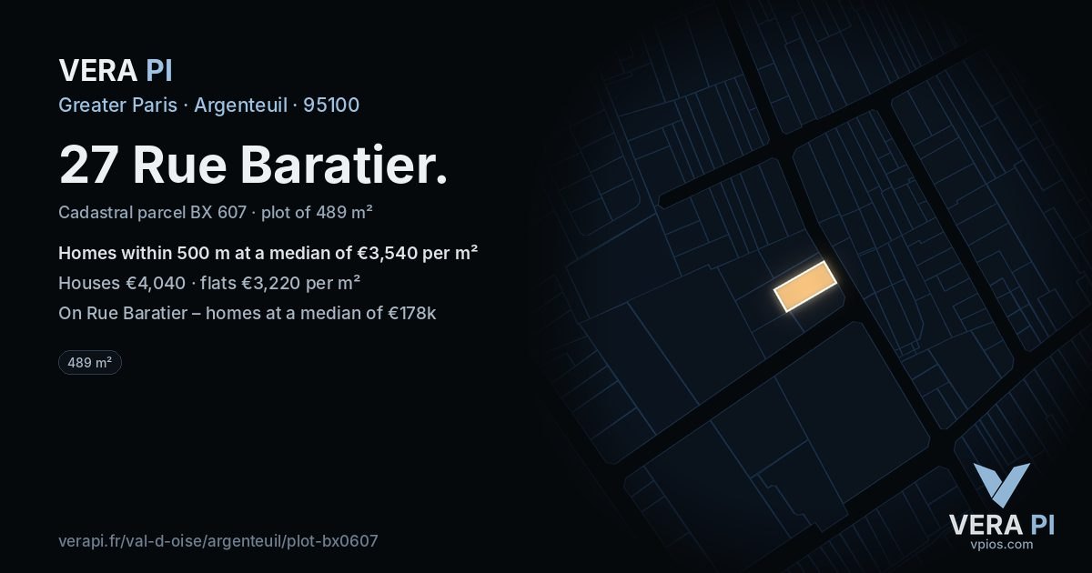 27 Rue Baratier, Argenteuil at night – the plot lit, the parcels around coloured by the prices near them