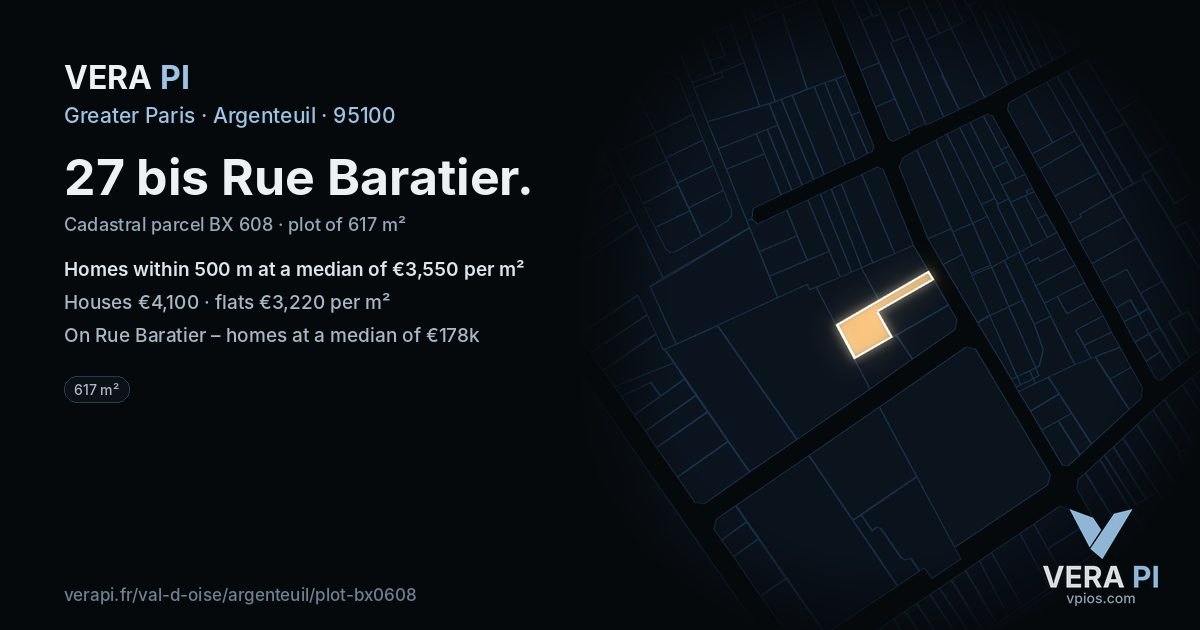 27 bis Rue Baratier, Argenteuil at night – the plot lit, the parcels around coloured by the prices near them