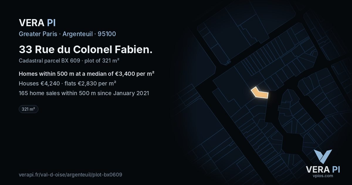 33 Rue du Colonel Fabien, Argenteuil at night – the plot lit, the parcels around coloured by the prices near them