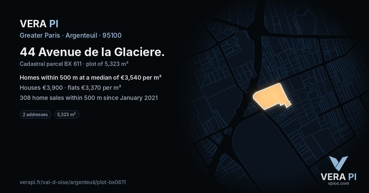 44 Avenue de la Glaciere, Argenteuil at night – the plot lit, the parcels around coloured by the prices near them