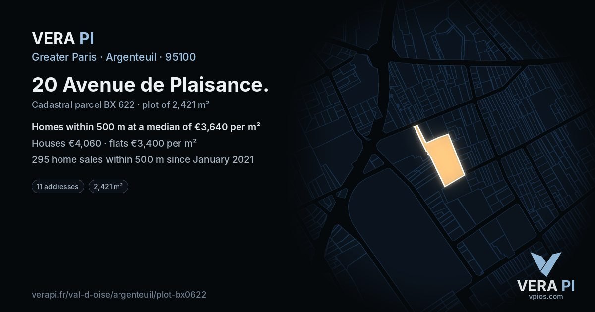 20 Avenue de Plaisance, Argenteuil at night – the plot lit, the parcels around coloured by the prices near them