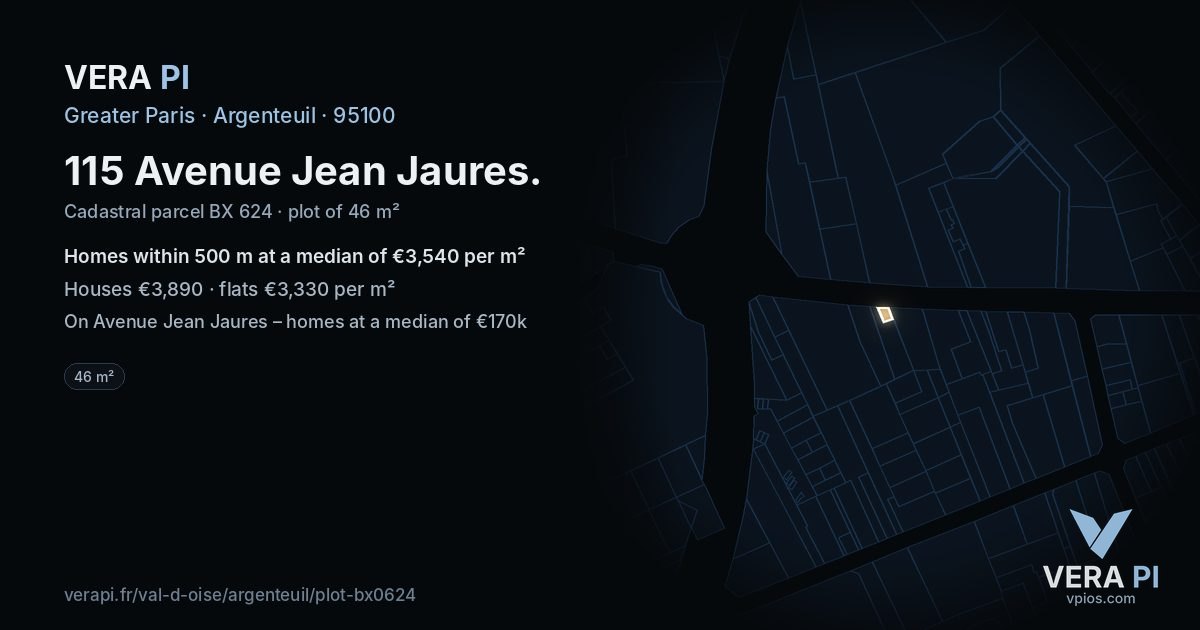 115 Avenue Jean Jaures, Argenteuil at night – the plot lit, the parcels around coloured by the prices near them